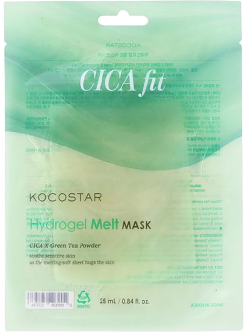 Een gezichtsmasker verpakking met groene thee poeder, aangeduid als CICA fit Hydrogel Melt Mask, 25 ml.
