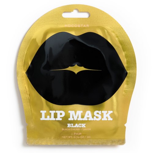 En svart körsbärsdoftande läppmask i guldig förpackning med svart läppdesign och vit text.