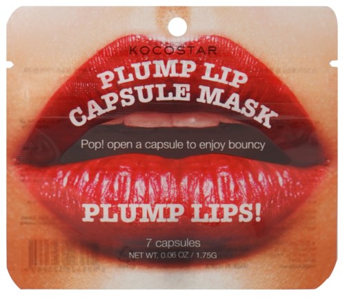 En pakke med røde læber, der reklamerer for en læbemaskan. Den siger "Pop! open a capsule to enjoy bouncy plump lips."