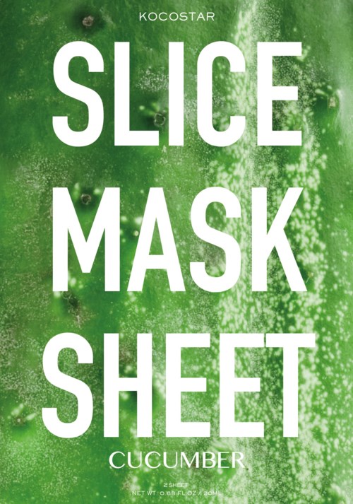 Green cucumber-themed packaging with large white text for a slice mask sheet product.