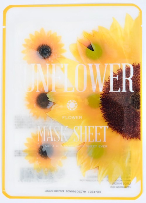 Bright yellow sunflower illustrations on a white background with text for a flower mask sheet product.