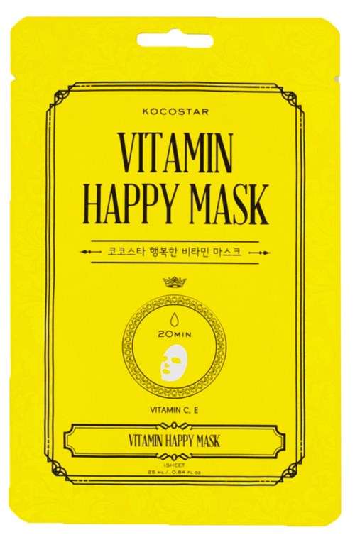 Kirkas keltainen pakkaukset vitamii-nahkamaskille. Siinä on mustaa tekstiä ja kasvomaskin kuva. Hoitoa kestää 20 minuuttia.