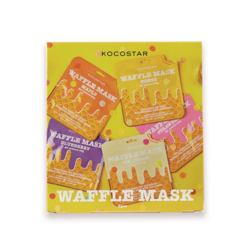 Visning med tre forskjellige vaffelansiktsmasker i fargerik emballasje. Lyst bakgrunn med prikker og fet skrift.
