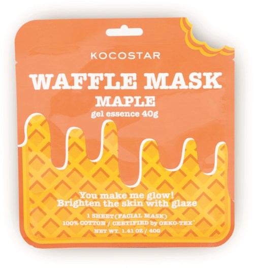 Orange waffle-maske pakke med vafelmønster og dryppende sirupdesign, fremmer glød og lysende hud.