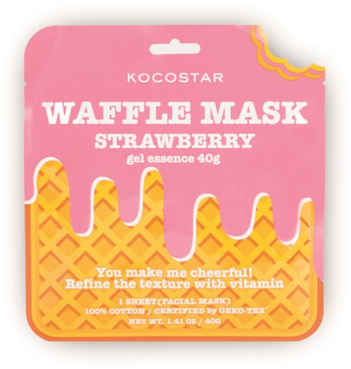 Valkoinen pakkaus, jossa waffle ja mansikka-teema, mainitaan kasvonaamio, vitamiini ja 40g geelimäinen essenssi.