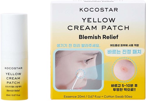 Kocostar yellow cream patch for blemish relief with cotton swabs, 20ml essence, and packaging showing a woman's face.