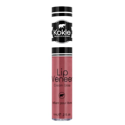 En leppeglossalke med svart, hvitt og rosa farger, merket 'Kokie Lip Veneer' og 'Cream Glow'.