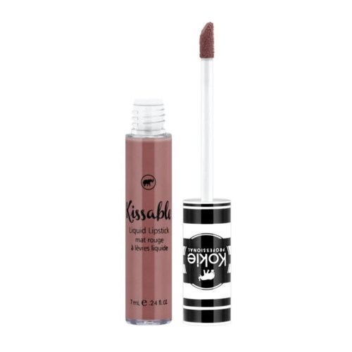 Ein rosa flüssiger Lippenstift mit Applikator, gekennzeichnet "Kissable," hat einen schwarzen und weißen gestreiften Deckel.