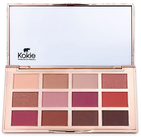 En 12-fargers øyeskyggepalett fra Kokie med rosa, lilla, brune og røde nyanser.