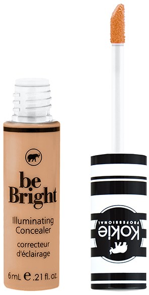 En concealer-flaska med en lace-applikator, märkt 'be Bright', har en beige nyans och svart-vitt förpackning.