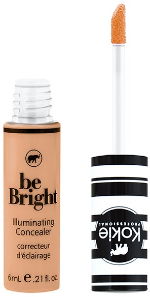 En liten flaska concealer i beige med svartvit lock och applikatorborste.
