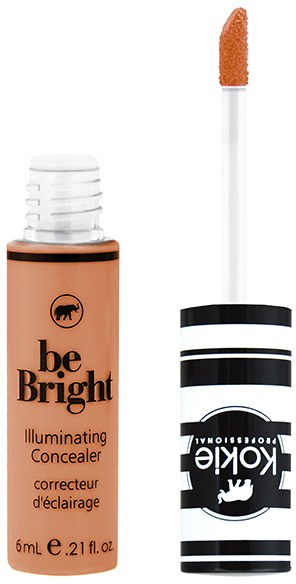 En beige flaske af Be Bright-opplysningsconcealer med en hvid applikator, der viser en beige svampehoved.