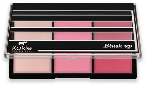 Make-up palette met drie roze blush tinten en lipglossen onder een doorzichtige deksel met zwarte strepen.