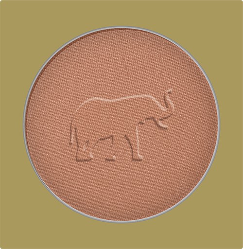 En kompaktpuder med en intryckt elefantlogo på ytan. Fallet är gröntaktigt och runt.