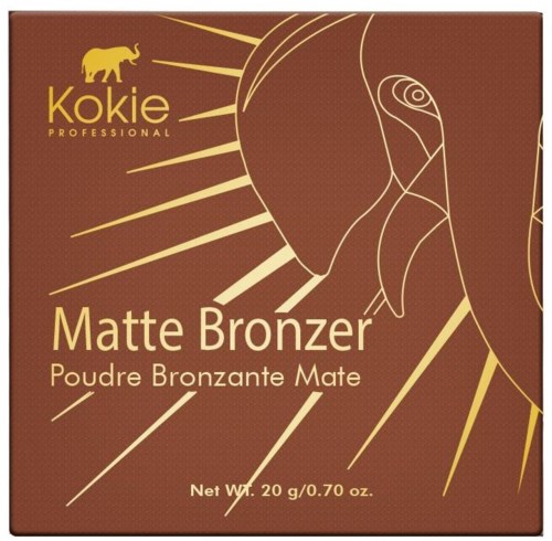 En box av Kokie professionell matt bronzer med sol- och toucanfågelmotiv i guld.