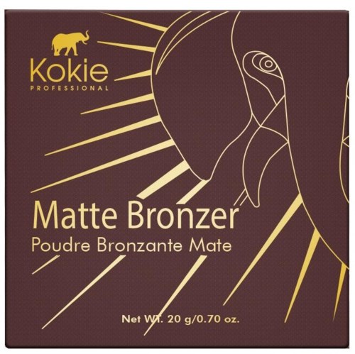 Matte-bronzare med en sol och tucan-Design på mörk förpackning. Varumärket är Kokie Professional.