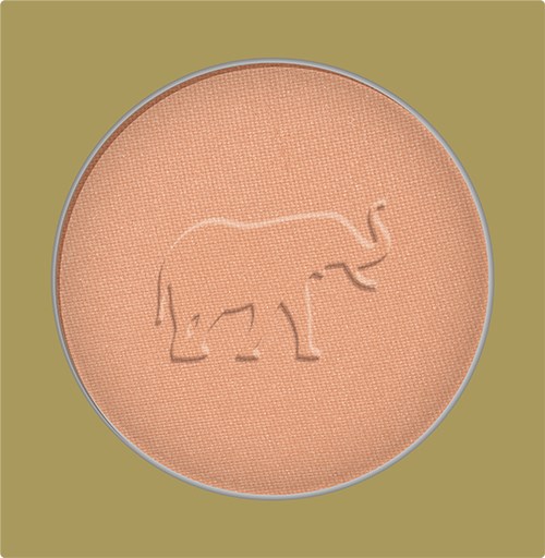 En makeup Rouge med ett präglat elefantmärke i mitten, ljus orange färg och rund form.