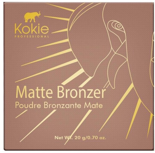 en brun kartong med en gul elefant symbol och solstrålar, visar en matt bronzer produkt från Kokie.