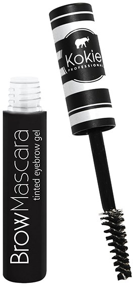 Brow Mascara-tube med børste, merket tintet bryngel, merket 'Kokie PROFESSIONAL' med svart og hvit design.