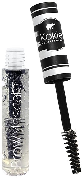 Et gennemsigtigt rør med sort låg og væske indeni, sammen med en sort-hvid mascara-børste med logo.