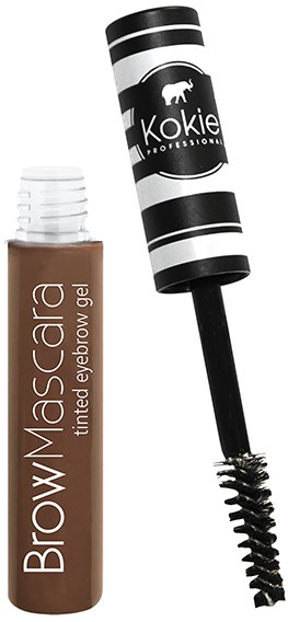 En øyenbrynsgel-tube og børste med svart-hvitt stripete design. Gelen heter BrowMascara, farget øyenbrynsgel.