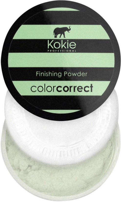 En rund behållare med en svart och grön etikett som lyder 'Kokie Professional Finishing Powder colorcorrect'.