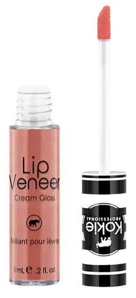 Leppglansrør med påføringsapplikator, merket 'Lip Veneer Cream Gloss', rosa farge.