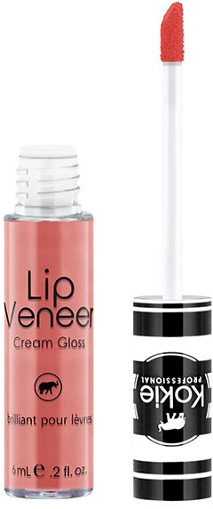 Leppeglans i rosa tube med hvit applikator. Teksten sier 'Lip Veneer' og 'Cream Gloss' med svart og hvit design.