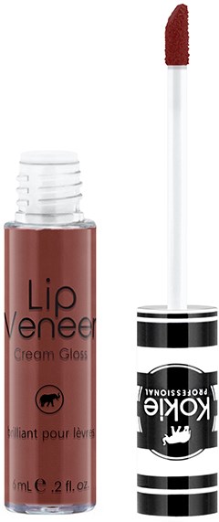 En leppeglansrør med påføringsapplikator, merket 'Lip Veneer Cream Gloss,' i en rødbrun farge.