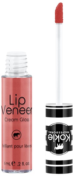 En rosa leppglansflaske med en hvit applikator ved siden av. Teksten sier 'Lip Veneer Cream Gloss'.