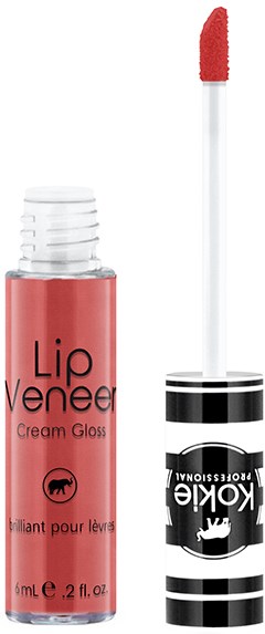 Rosa leppeglansflaske med påføringsbørste. Teksten sier 'Lip Veneer Cream Gloss' og 'brilliant for lips.'