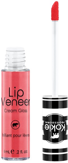Roze lipgloss tube met applicator, gelabeld 'Lip Veneer' en 'Cream Gloss'.
