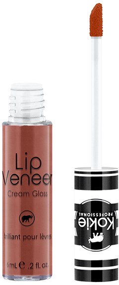 En leppeglansflaske med børsteapplikator, merket Lip Veneer, i rosa farge.