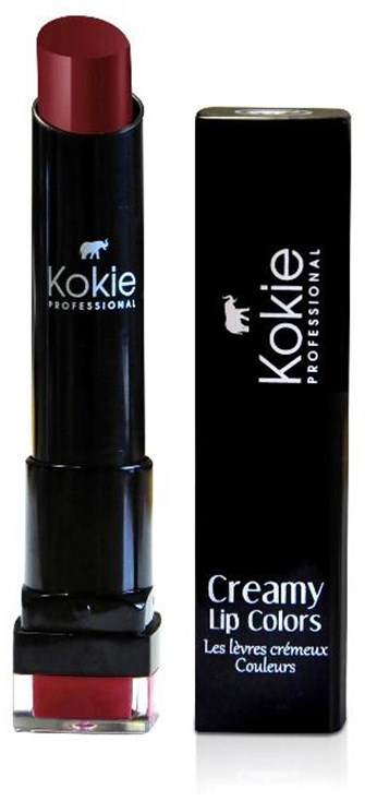Ein Lippenstift mit dunklem Gehäuse, halb geöffnet, zeigt tiefrote Farbe neben einer schwarzen Box mit "Creamy Lip Colors".