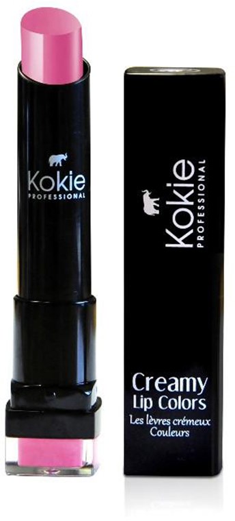Rosa läppstift i ett svart rör med en blå och vit logga, bredvid dess förpackning märkt 'Creamy Lip Colors'.
