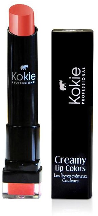 Roter Lippenstift von Kokia in schwarzer Verpackung, als cremige Lippenfarbe gekennzeichnet, mit passender Box.