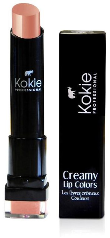 Ein Lippenstift mit schwarzem Röhrchen und glänzender Verpackung, beschriftet 'Kokie Professional' und 'Creamy Lip Colors'.