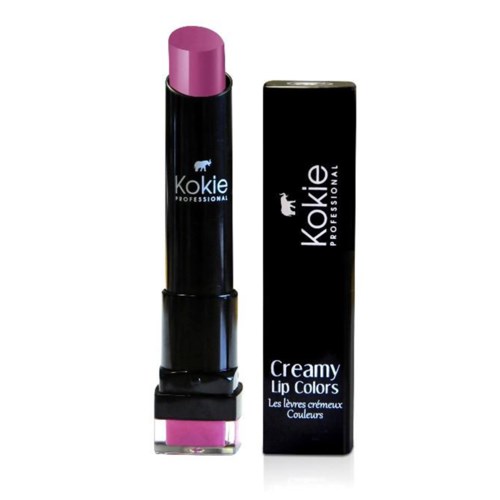 Ein rosa Lippenstift in einem schwarzen Behälter mit passender Box, gekennzeichnet 'Kokie Professional Creamy Lip Colors'.