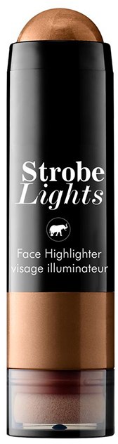 En makeup-stift med sort, brunt og beige sektioner, mærket 'Strobe Lights Face Highlighter'.