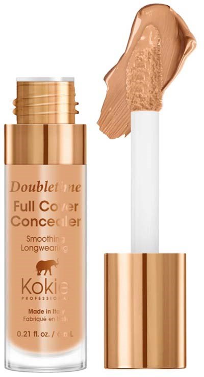 En beige flytende concealeren med en hvit applikatorstang og roségull lokk. Flasken er merket "Double Tone Full Cover Concealer."