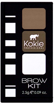 En svart rektangulär låda med vita och grå sektioner, med Kokie Professional-logotypen och texten 'Brow Kit 2.5g'.