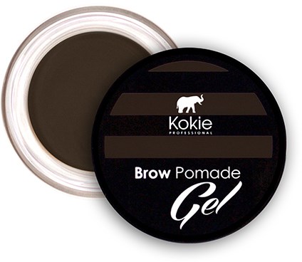 Czarna okrągła pojemnik z szarym wieczkiem, oznaczony "Kokie Brow Pomade Gel," używany do makijażu brwi.