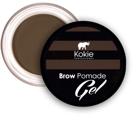 Czarna okrągła puszka z białym tekstem i małym logo zwierzęcia, oznaczona "Brow Pomade Gel." Pokrywka jest otwarta.