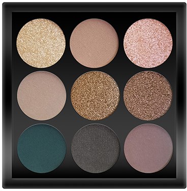 Eine 9-Farben-Augenpalette mit schimmernden und matten Tönen in Beige, Braun, Pink, Blau und Grau.