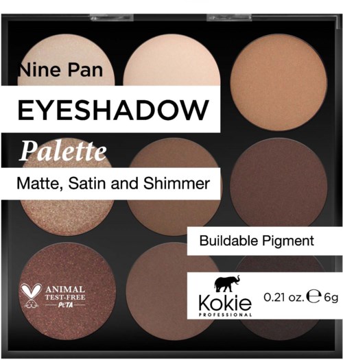 Palette mit neun verschiedenen Lidschatten, beschrieben als matt, satiniert und schimmernd, in einem kompakten Format.