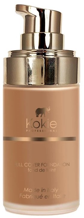 En flaske med foundation med gullfarget pump, merket 'Hokie', i beige farge, laget i Italia.