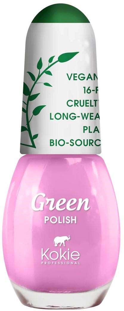 Rosa neglelakkflaske merket 'Green Polish' med grønt lokk og bladdesign.
