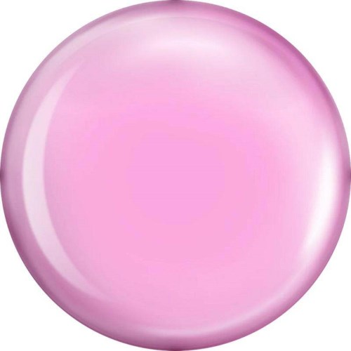 Rund rosa skinnende gjenstand med glatt overflate og refleksjoner.