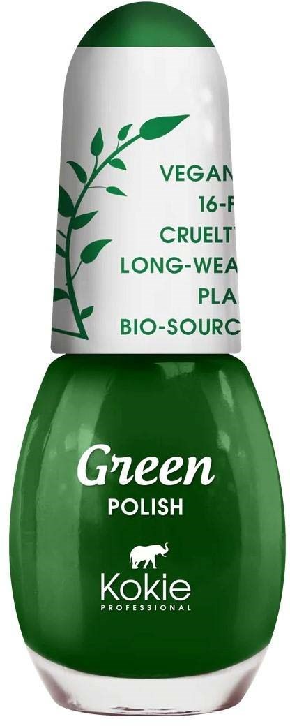 Vegan grön nagellackflaska med text om cruelty-free, långvarig och bio-källa ingredienser samt en vit logga av ett får.