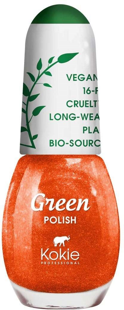 Grønn og hvit flaske med tekst om vegansk og dyrevennlig, og en annen oransje flaske merket grønn neglelakk.